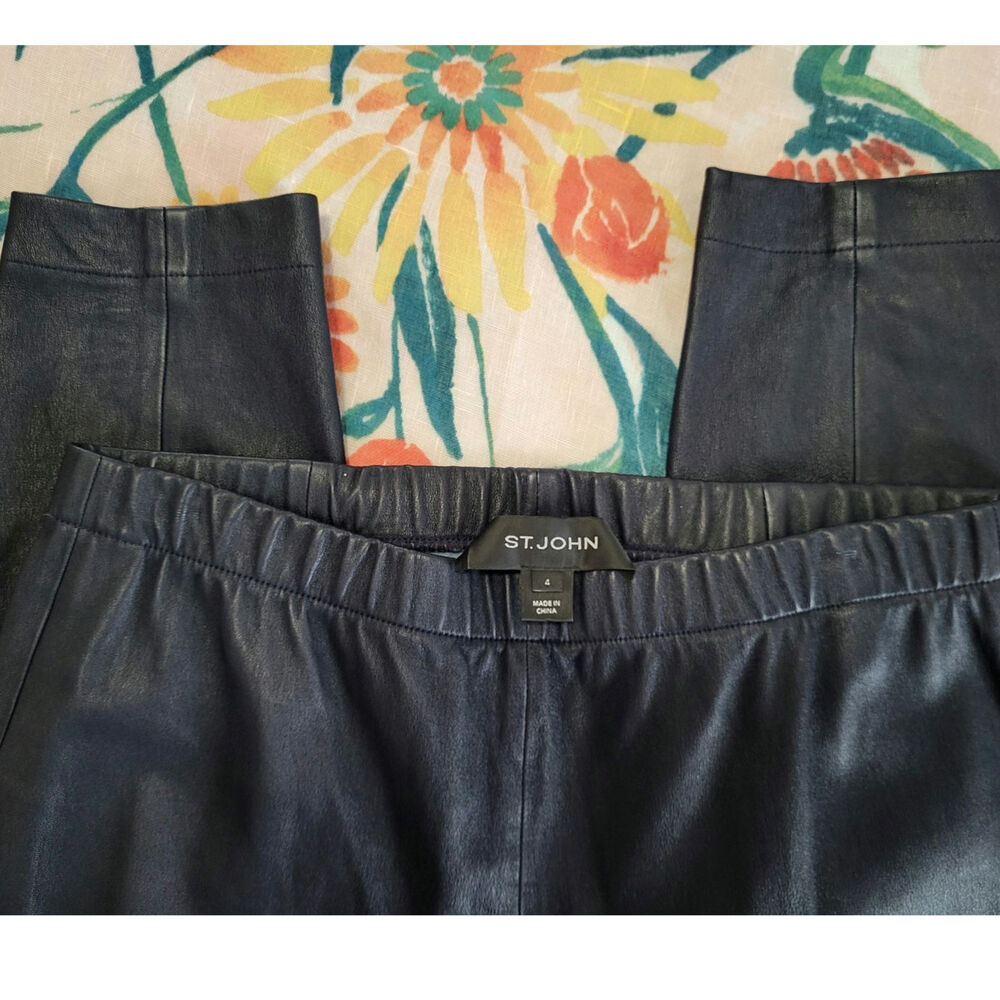 St. John 100% Leather Cotton Moto Pull On Pant Legging EUC Size 4 Navy Black - Picture 3 of 4